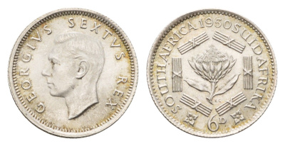 ЮАР 6 пенсов 1950 Георг VI (1936-1952) KM 36.1 серебро UNC 1525-114