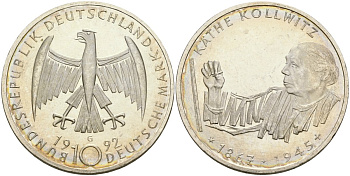 ФРГ 10 марок 1992 G, 125 лет со дня рождения Кете Кольвиц KM 178 серебро UNC 00-00