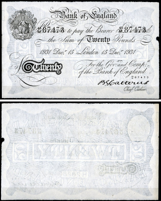 Англия 20 фунтов 1931 Лондон, 15 декабря, Операция "Бернхард", фальшивка в ущерб денежному обращению, гашения PW № RB172, Pick 337 a  бумага   444-123-1-1