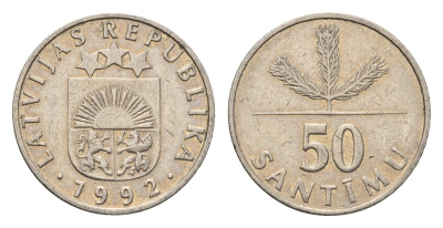 Латвия 50 сантимов 1992 KM 13 медно-никель 4689-759