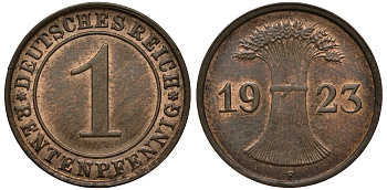 Германия 1 рентенпфенниг 1923 F цена по каталогу МТ 80 евро J 306, KM 30 бронза UNC 413-3224