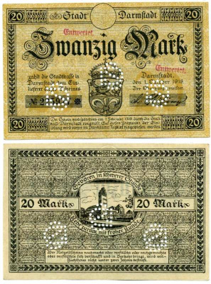 Германия, Дармштадт 20 марок 1918 - 1919 1 октября 1918 - 1 Февраля 1919, нотгельд, земля Гессен, водяной знак KREUZ-RINGEL-MUSTER, № номер снежинка, с перфорацией Geiger 092.07а  бумага  аUNC  8613-34-1-1