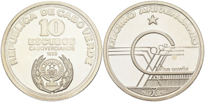 Кабо-Верде 10 эскудо 1985 10 лет независимости KM 24а серебро PROOF 00-000-00