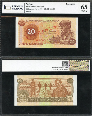 Ангола 20 кванза 1976 Антонио Агостиньо Нето, солдаты, specimen, в слабе Premium Grading, 65 UNC Pick 109 s  бумага  UNC (пресс) 452-3-22