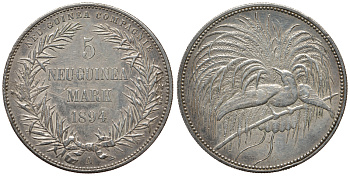 Германская Новая Гвинея 5 марок 1894 J. 707, KM 7 серебро 00-000-00