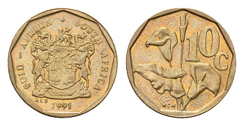 ЮАР 10 центов 1991 герб, цветок алоэ KM 135 сталь плакированная бронзой UNC 4694-639