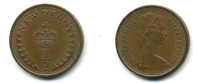 Великобритания 1/2 пенни 1971 Елизавета II (1952-2022) КМ 914, Spink 4239 бронза 4110-1612