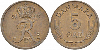 Дания 5 эре 1963 C; S, Фредерик IX (1947-1972) KM 848.1 бронза 4402-1225