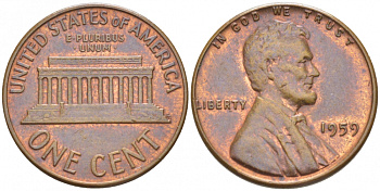 США 1 цент 1959 Авраам Линкольн KM 201 медь цинк UNC 3309-227