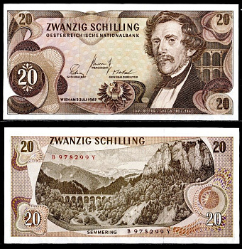Австрия 20 шиллингов 1967 Pick 142 a (1) бумага 7457-21-2-1