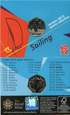 Великобритания 50 пенсов 2011 XXX летние Олимпийские игры в Лондоне в 2012 году, парусный спорт, в оригинальном картонном буклете, с Олимпийской голограммой (20/29) KM 1178 медно-никель  UNC  3-6-6-13