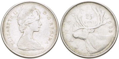 Канада 25 центов 1965 Елизавета II (1952-2022), олень KM 62 серебро 4448-1013
