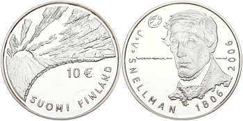 Финляндия 10 евро 2006 200 лет со дня рождения Йохана Снелльмана, философ KM 124 серебро PROOF 11-345-45