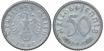 Германия 50 рейхспфеннигов 1940 D KM 96, J.372 алюминий 72-1312