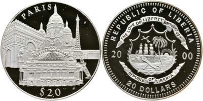 Либерия 20 долларов 2000 серия памятники архитектуры, Париж серебро PROOF 1066-3-34