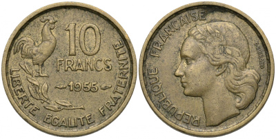ФРАНЦИЯ 10 ФРАНКОВ 1955 KM 915.1 алюминиевая бронза 51-2616
