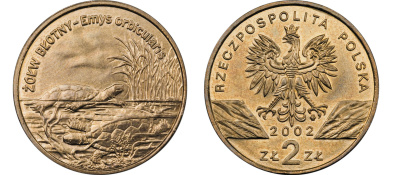 Польша 2 злотых 2002 MW, серия сохраним наш мир, болотные черепахи KM 427 нордик UNC 4526-622