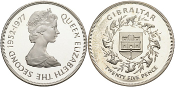 Гибралтар 25 пенсов 1977 25 лет правления Елизаветы II (1952-1977) KM 10a серебро PROOF 00-00