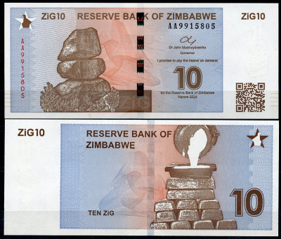 Зимбабве 10 золотых зимбабве 2024 разливка жидкого золота Pick 110 a  бумага  UNC (пресс) 448-84-3