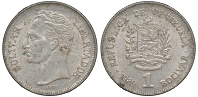 Венесуэла 1 боливар 1989 тонкий шрифт Y 52a.2 сталь плакированная никелем 4606-531