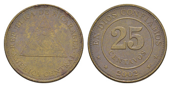 Никарагуа 25 сентаво 2002 KM 99 сталь плакированная латунью 4529-516
