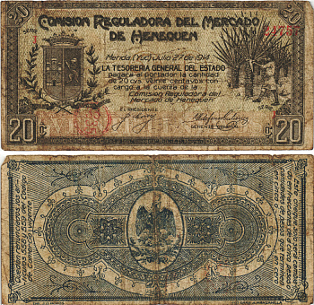 Мексика, Революция 20 центов 1914 Юкатан, регулирующая комиссия по производству агавы и казначейство штата, первый выпуск Pick S1120a бумага 6287-5-1