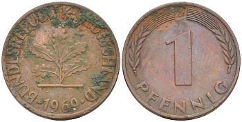 ФРГ 1 ПФЕННИГ 1969 D KM 105, J. 380 сталь плакированная медью 4181-551