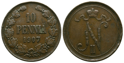 РОССИЯ ДЛЯ ФИНЛЯНДИИ 10 ПЕННИ 1907 Биткин 430 медь 4381-123