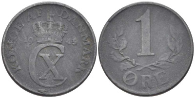 ДАНИЯ 1 ЭРЕ 1945 N; S, КРИСТИАН X (1912-1947) KM 832 цинк 4387-163