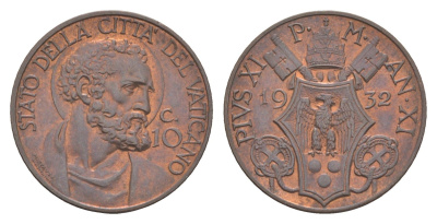 Ватикан 10 чентезимо 1932 Пий XI (1922-1939) KM 2 бронза aUNC 633-432