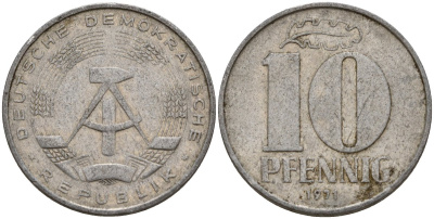 ГДР 10 пфеннигов 1971 A KM 10 алюминий 67-1042