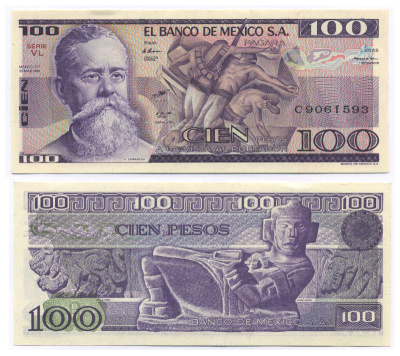 МЕКСИКА 100 ПЕСО 1982 25 МАЯ 1982, СЕРИЯ VL, ВЕННУСТИАНО КАРРАНСА Pick 74c бумага UNC (ПРЕСС) 8564-31-2-1