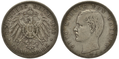 Бавария 5 марок 1902 Отто (1886-1913) Weege 47, J. 46, KM 512 серебро 3711-1442