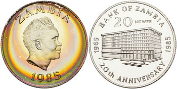 Замбия 20 нгве 1985 20 лет национальному банку KM 23а серебро PROOF 04-327-34