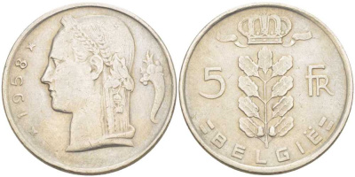 БЕЛЬГИЯ 5 ФРАНКОВ 1958 BELGIE, БОДУЭН I (1951-1993) KM 135.1 медно-никель 202-1151