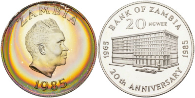 Замбия 20 нгве 1985 20 лет национальному банку KM 23а серебро PROOF 04-327-34