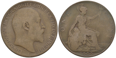 Великобритания 1 пенни 1909 Эдуард VII (1901-1910) KM 794.2, Spink 3990 бронза 4607-1021