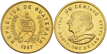 Гватемала 1 сентаво 1987 Бартоломе де лас Касес KM 275 латунь 4549-918