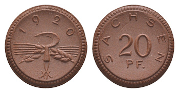 Саксония 20 пфеннигов 1920 редкий год Men05 22281.4, Men18 27868.4, Scheuch 31a фарфор 1094-6-72