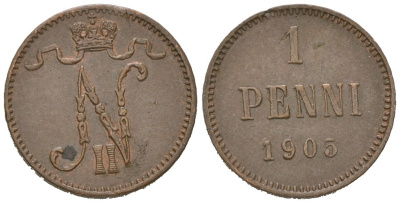 Россия для Финляндии 1 пенни 1905 Николай II (1894-1917) Биткин 466 медь 4615-338