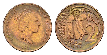 Новая Зеландия 2 цента 1987 Елизавета II (1952-2022), два цветка кохаи KM 59a бронза 4513-132