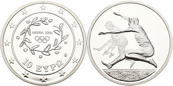 Греция 10 евро 2003 XXVIII летние Олимпийские игры 2004 года в Афинах, прыжки в длину KM 194 серебро PROOF 11-244-15