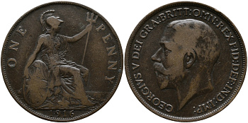 Великобритания 1 пенни 1916 Георг V (1910-1936) KM 810, Spink 4051 бронза 4680-922
