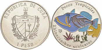 Куба 1 песо 2005 серия тропические рыбы, Ринекантус, цветная эмаль KM 868 никелированная сталь UNC M27-4