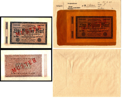 Германия 1000000 марок 1923 25 июля, MUSTER, образец, Specimen. В оригинальном банковском конверте. Из коллекции Отто Сейфферта (помощник Ялмара Шахта - министра экономики Германии и президента Рейхсбанка времен третьего рейха) Pick 93 s, Grabowski DEU 10