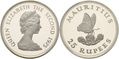 Маврикий 25 рупий 1975 серия защитите наш мир, бабочка на цветке, тираж 9869 экз., в оригинальной коробке KM 40а серебро PROOF 4-3-5-12