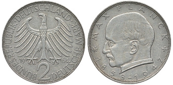 ФРГ 2 марки 1964 J, Макс Планк KM 116,  J. 392 медно-никель плакированный никелем 4681-733