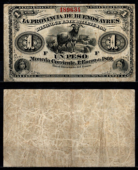 Аргентина, Буэнос-Айрес 1 песо ND (1870-1877) женские портреты, баран Pick S481 бумага 451-1332-3