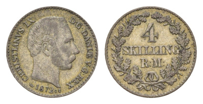 Дания 4 скиллинг-ригсмёнта 1872 CS, Кристиан IX (1863-1906) KM 775 серебро 3896-131