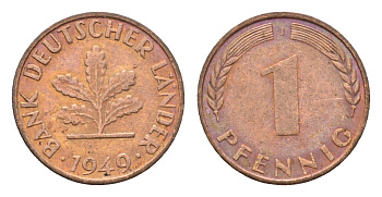 ФРГ 1 пфенниг 1949 J KM A101, J. 376 сталь плакированная медью 4685-355